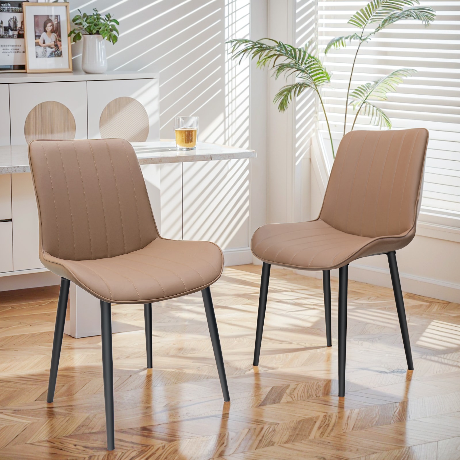 Khaki PU Leather Dining Chair With Metal Legs, Wave Pattern Upholstered Armless Chair Set Of 2 For Kitchen, Restaurant, Living, Meeting Room_voghion.com
